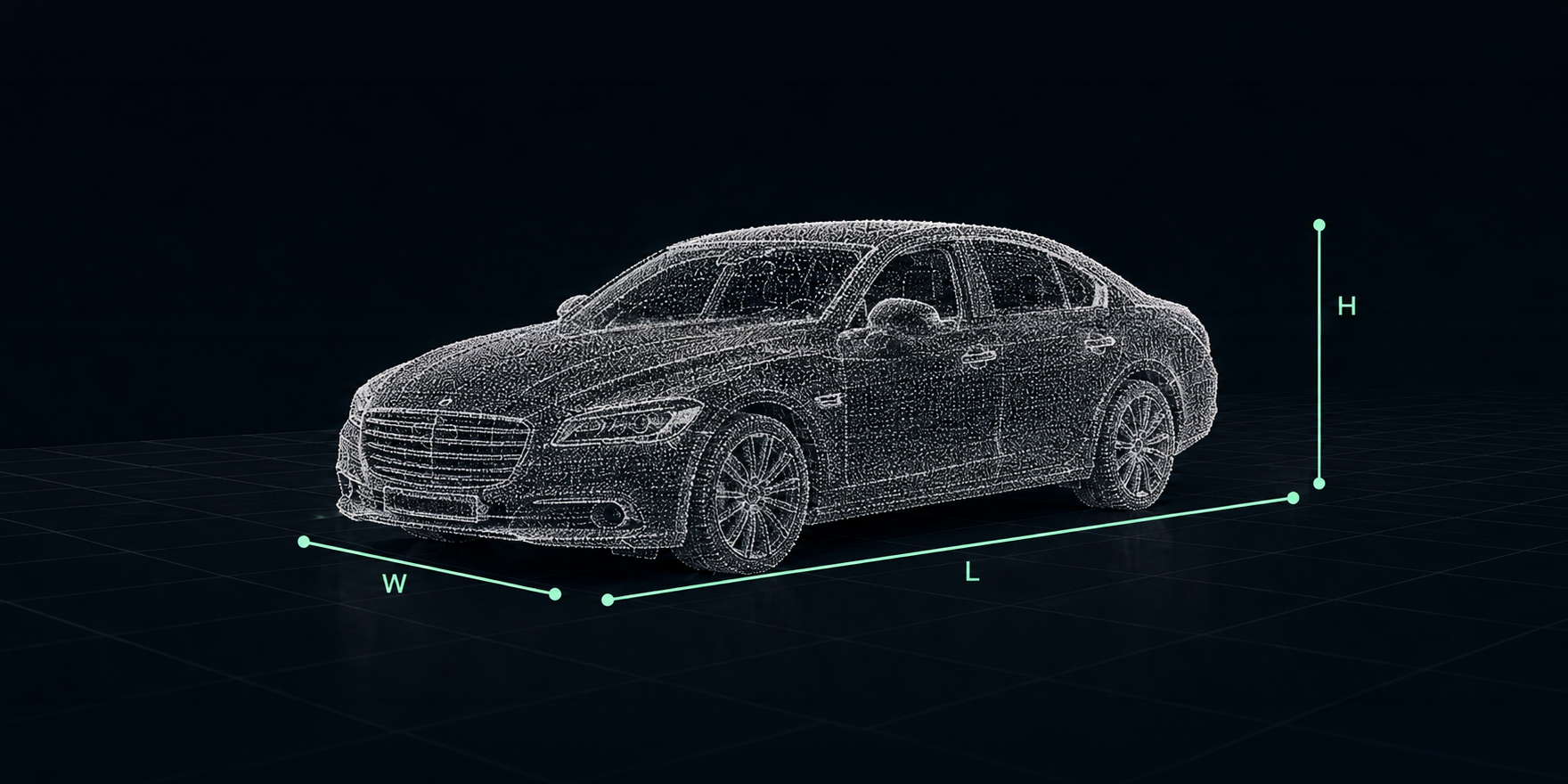 Passenger car reconstructed as a point cloud with length, width, and height axes