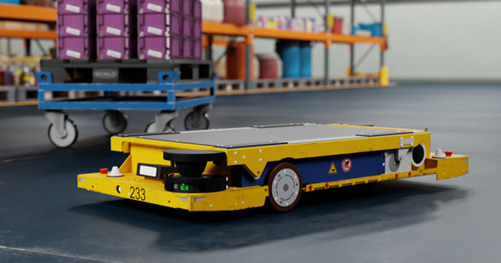 Autonomous guided vehicle (AGV) with a yellow and blue design, marked "233," operating in a warehouse near shelves and a loaded pallet.