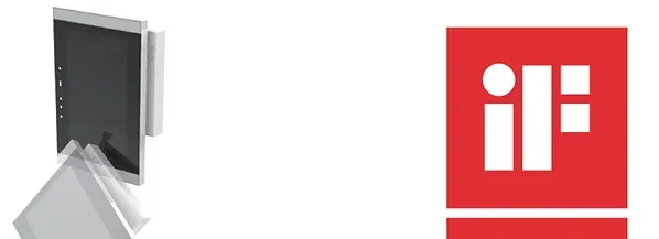 A sleek, modern product design with a tilting screen on the left and the red "iF Design Award" logo on the right, symbolizing recognition for innovative design.