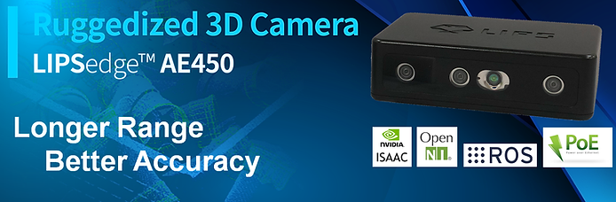Promotional banner for the LIPSedge™ AE450 ruggedized 3D camera, highlighting features like longer range and better accuracy. Includes compatibility logos for NVIDIA ISAAC, OpenNI, ROS, and PoE technology.