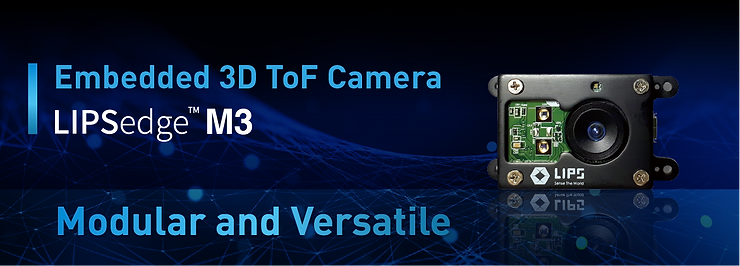 Promotional banner for the LIPSedge™ M3, an embedded 3D ToF (Time-of-Flight) camera. The image showcases the compact modular device against a futuristic blue background with network-like patterns, emphasizing its versatility and advanced technology.