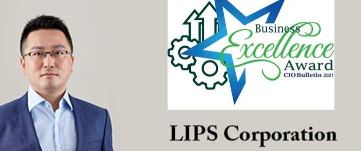 The "Business Excellence Award" logo by CIO Bulletin 2021 featuring a star, gear, and upward arrows, alongside the text "LIPS Corporation" at the bottom.