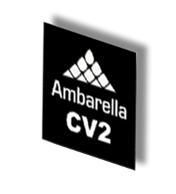 Ambarella CV2 logo featuring a triangular design with white text on a black background.