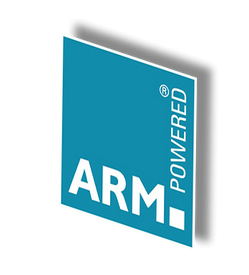 ARM Powered logo with white text on a tilted blue rectangle, set against a black background.