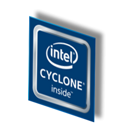 Intel Cyclone Inside logo on a blue background with a metallic frame.