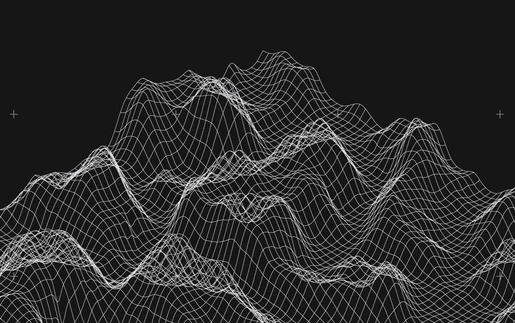 A 3D wireframe representation of mountainous terrain, depicted with white grid lines on a black background, symbolizing data visualization or machine vision technology.