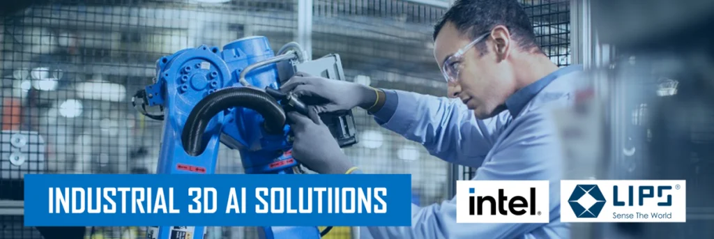 A technician operates a robotic arm in an industrial setting, showcasing advanced 3D AI solutions. The banner features the logos of Intel and LIPS with the tagline "Industrial 3D AI Solutions."