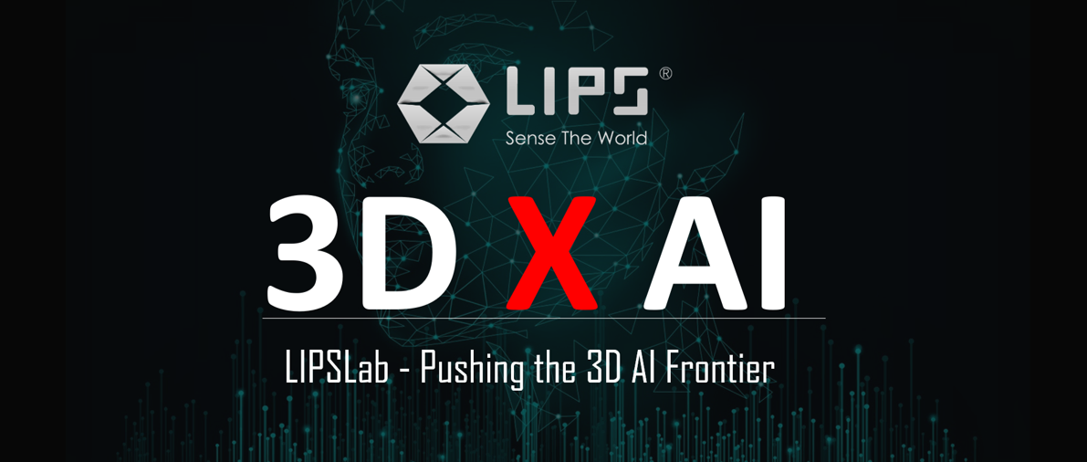Promotional banner for LIPSLab featuring the tagline "Pushing the 3D AI Frontier." The image highlights the integration of 3D technology with AI, with the text "3D X AI" prominently displayed alongside the LIPS® logo and slogan "Sense The World." Background includes a digital network design and data visualization.