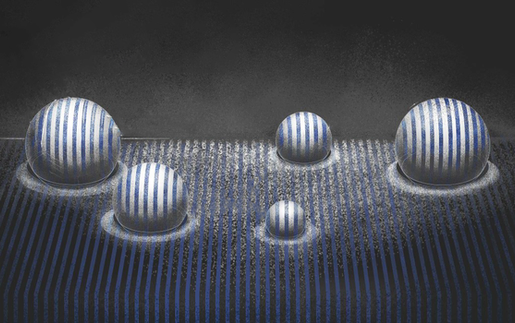 Spherical objects with blue and white stripes placed on a surface with matching striped patterns, illustrating structured light technology for 3D depth sensing and scanning.