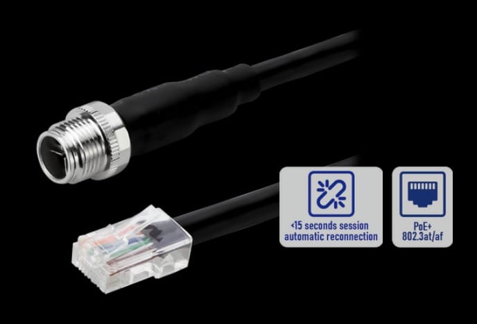GigE with PoE Connection, Power supply 802.3 at up to 100 meters, network session auto reconnection