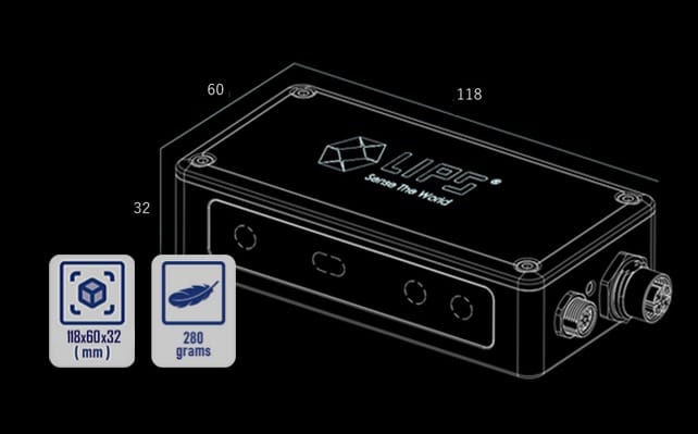Stereo camera weight 280g, Stereo camera size 118x60x32 mm