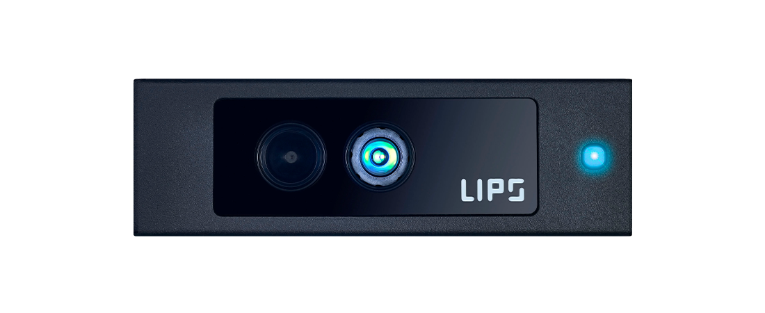 A black rectangular device featuring two lenses and a glowing blue indicator light on the front, with the "LIPS" logo displayed on the right side. The background is solid black, emphasizing a sleek and modern design.