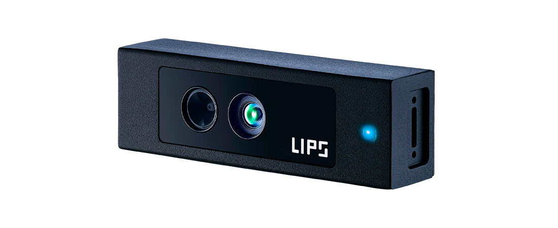 A black rectangular device featuring two lenses and a glowing blue indicator light on the front, with the "LIPS" logo displayed on the right side. The background is solid black, emphasizing a sleek and modern design.
