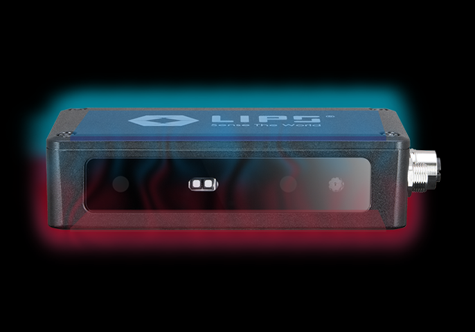 A rectangular black and blue electronic device labeled "LIPS Sense The World," featuring a sensor panel on the front and a connector on the side, with a glowing red and blue gradient background.