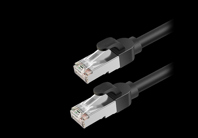 Two black Ethernet cables with shielded RJ45 connectors displayed against a black background.