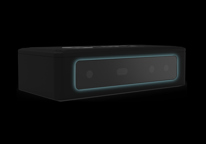 A sleek black electronic device with a glowing blue outline around its front panel, featuring a minimalist design and set against a black background.