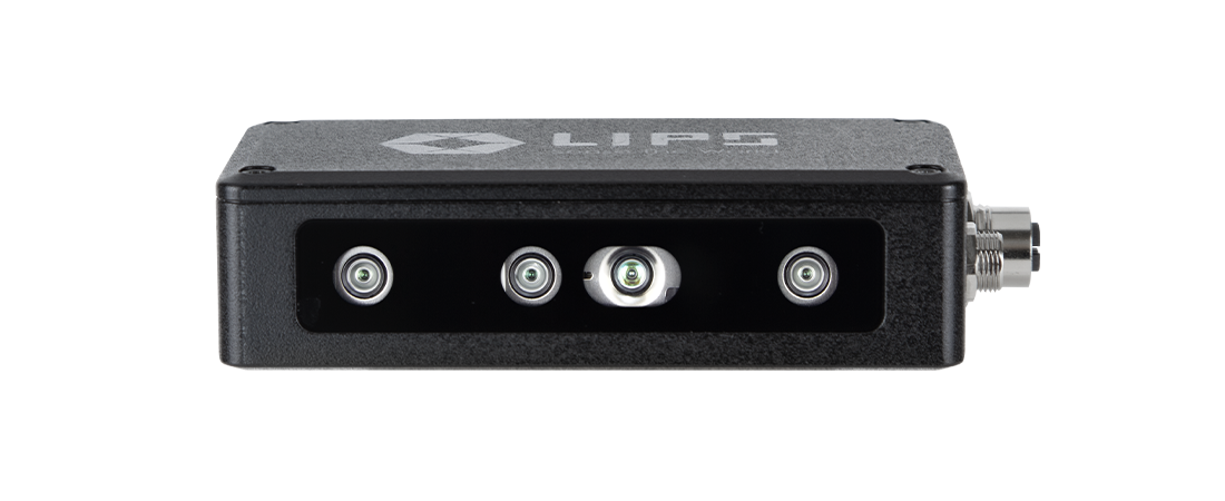 Front view of a black LIPS sensor device with four lenses aligned horizontally on the front panel, featuring a sleek and industrial design, displayed on a black background.