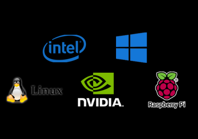 Logos of Intel, Windows, Linux, NVIDIA, and Raspberry Pi arranged on a black background.