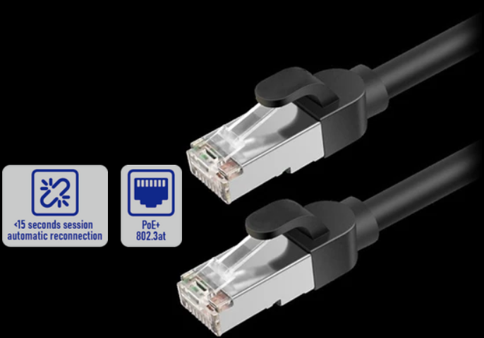 Two black Ethernet cables with metal connectors displayed against a black background, accompanied by icons indicating "