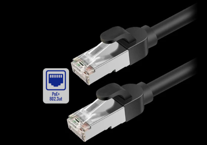 Two black Ethernet cables with metal connectors, accompanied by a "PoE+ 802.3at" icon, indicating Power over Ethernet Plus compatibility.