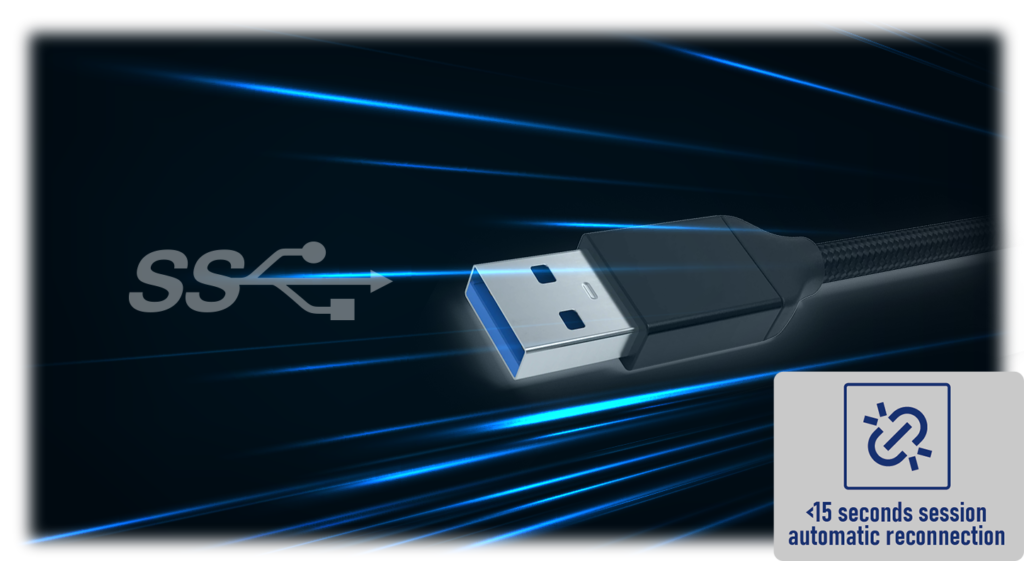A USB 3.0 cable with a blue connector tip is shown on a dark background with glowing blue streaks symbolizing high-speed data transfer. The "SS" logo (SuperSpeed USB) is displayed on the left, and a box on the bottom right highlights the feature "