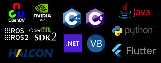 OpenCV, NVIDIA ISAAC, ROS/ROS2, OpenNI SDK2, HALCON, C++, C#, .NET, VB, Java, Python, Flutter Logo