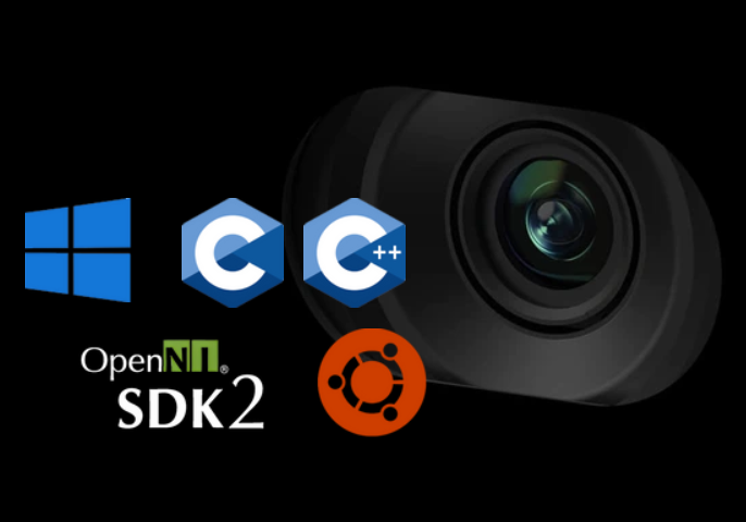 A black camera lens alongside logos for Windows, C/C++, OpenNI® SDK2, and Ubuntu, showcasing compatibility with multiple platforms and development environments.
