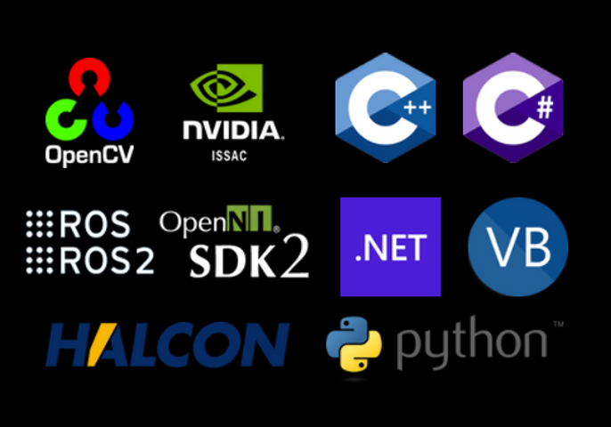 Logos of OpenCV, NVIDIA ISSAC, ROS, ROS2, OpenNI SDK2, .NET, VB, HALCON, C++, C#, and Python displayed on a black background.