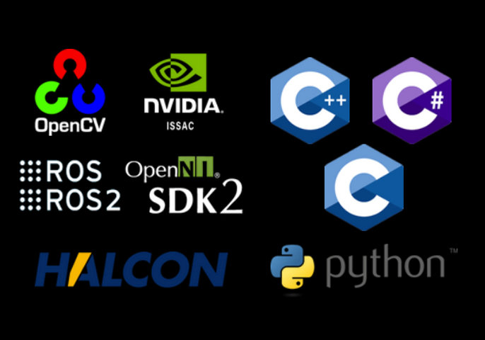 Logos of OpenCV, NVIDIA ISSAC, ROS, ROS2, OpenNI SDK2, HALCON, C++, C#, C, and Python displayed on a black background.