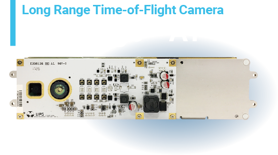 Close-up of the LIPSedge™ AT, a long-range Time-of-Flight camera. The device showcases its internal circuit board, featuring a camera lens, sensors, and various electronic components, with the product name displayed above.
