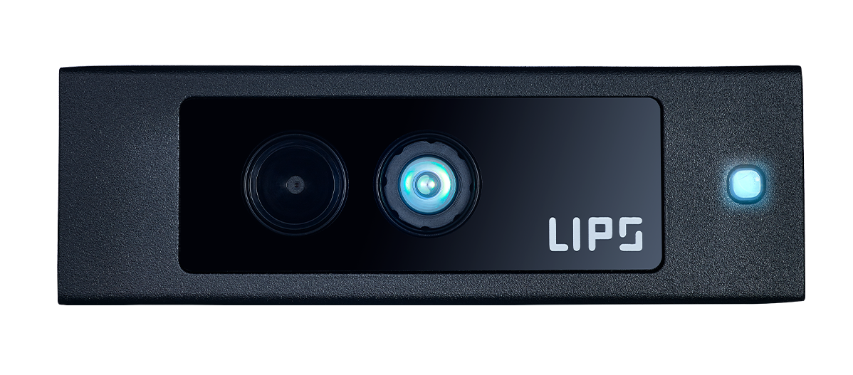 A black LIPS 3D depth camera featuring dual lenses, an illuminated sensor, and the "LIPS" logo on the front panel, designed for advanced imaging and sensing applications.