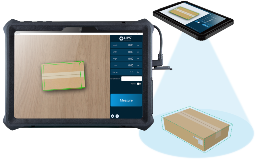 A rugged tablet displaying a measurement interface with a cardboard box outlined in green on the screen. The interface shows dimensions (length, width, height) set to zero and a "Measure" button. An inset view illustrates the tablet scanning a box, projecting a green outline around it.