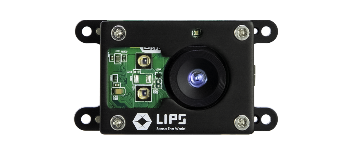 A compact LIPS 3D depth camera module with an exposed circuit board, a central lens emitting a faint blue light, and the "LIPS Sense The World" logo on the front panel, designed for embedded vision applications.