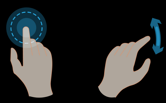 Two hand gestures illustrating touchless interactions: a tapping motion on the left with a circular target, and a vertical scrolling motion on the right with directional arrows, set against a black background.