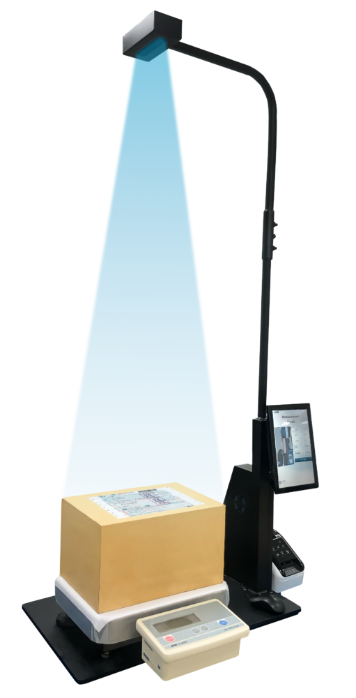 A package dimensioning and weighing system featuring a rectangular box placed on a weighing scale, illuminated by an overhead scanning device, with a digital display and control panel on the side.