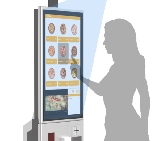 A touchless self-service kiosk with a large vertical touchscreen displaying a menu of pizza options, allowing users to interact without physical contact, set against a dark background.