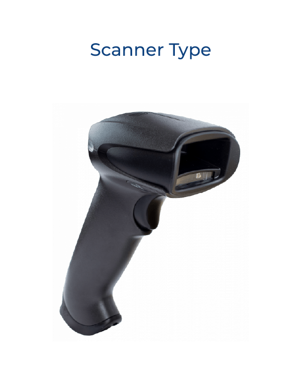 A handheld barcode scanner with a black ergonomic design. The title "Scanner Type" is displayed above the device.