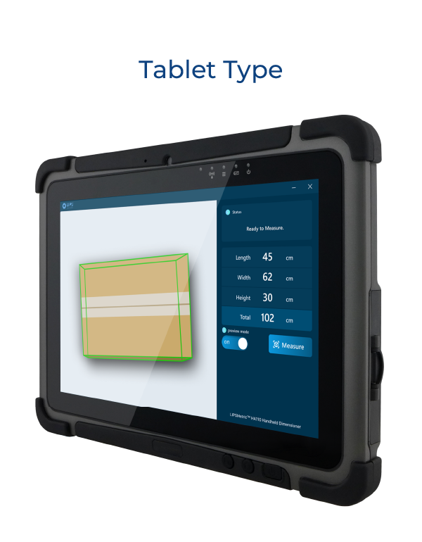 A rugged tablet displaying a 3D measurement interface for a box. The screen shows dimensions: length 45 cm, width 62 cm, height 30 cm, and total 102 cm, with a green outline around the box. The title "Tablet Type" is displayed above the device.