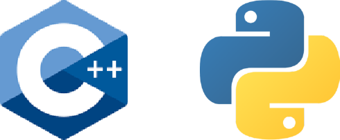 Logos of C++ and Python programming languages. The C++ logo is a blue hexagonal design with "C++" written in white. The Python logo features two interlocking snakes, one blue and one yellow, forming a unique shape.