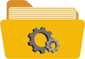 Illustration of a yellow folder with documents inside, featuring two gray gear icons on the front, symbolizing settings or system configuration.