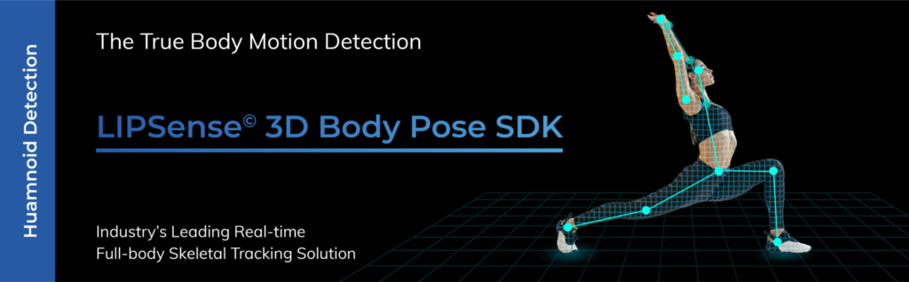 A promotional banner for "LIPSense® 3D Body Pose SDK," showcasing a woman performing a yoga pose with a full-body skeletal tracking overlay. The text highlights "The True Body Motion Detection" and describes it as the industry's leading real-time full-body skeletal tracking solution.
