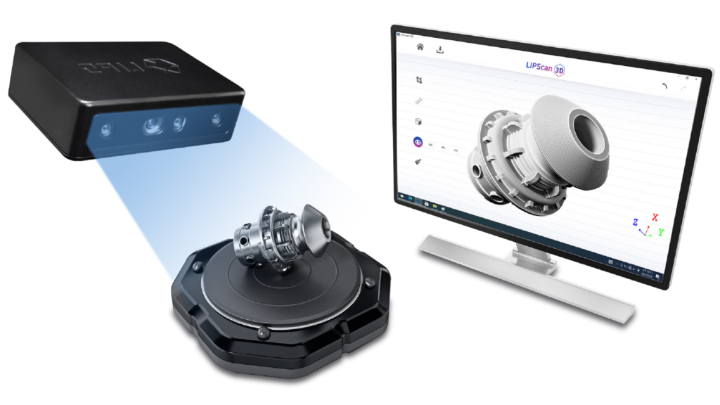 A 3D scanning setup with a depth camera projecting a beam onto a mechanical part placed on a rotating turntable. A computer monitor displays the scanned 3D model using LIPScan 3D software.