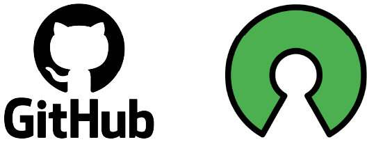 Logos of GitHub and Open Source Initiative. The GitHub logo features a black silhouette of a cat inside a circle with the text "GitHub" below. The Open Source Initiative logo is a green keyhole-shaped design.