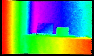 LIPSedge™ AE430 Industrial 3D Camera with Edge Processing Capability 5 A thermal or depth image with vibrant rainbow-like color gradients, showing abstract rectangular shapes and varying intensity levels.