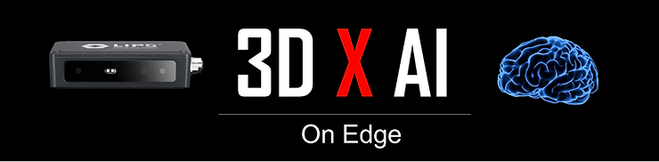 A promotional graphic featuring a LIPS 3D camera on the left, the text "3D X AI" in bold with a red "X" in the center, and a blue brain illustration on the right. Below, the caption reads "On Edge," emphasizing edge AI capabilities.
