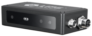 LIPSedge™ AE430 Industrial 3D Camera with Edge Processing Capability 1 A compact black 3D camera device by LIPS, featuring a sleek design with a front-facing lens array and two metallic connectors on the side.