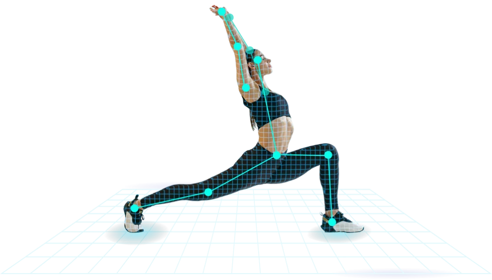 A woman in a yoga pose overlaid with a 3D body tracking grid and keypoints, demonstrating motion capture technology on a black background.