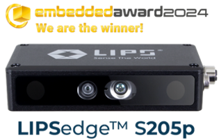 立普思LIPS 在 2024 AI EXPO 日本人工智慧應用展覽盛大展出 3 LIPSedge™ S205p 3D stereo camera with dual lenses, featuring the text "embedded award 2024 - We are the winner!" above and product branding below.