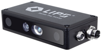 立普思LIPSedge™ AE470 主動式立體相機:適用於 AMR、VGR、AGV 及工廠自動化應用 1 A compact LIPS 3D camera device featuring dual lenses and connectivity ports, designed for advanced AI and vision applications.