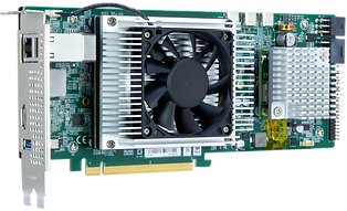 PCIe Edge Accelerator card featuring a cooling fan, heatsinks, and connectors, designed for NVIDIA™ Jetson Xavier and x86 motherboard compatibility.